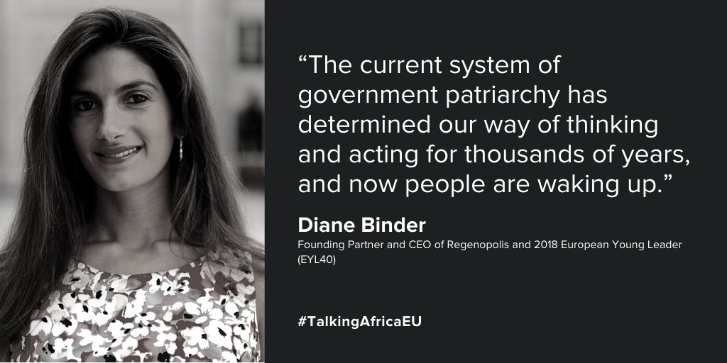 Diane Binder (@DianeSBinder), Founding Partner and CEO of Regenopolis and @EYL40 stresses that there needs to be a new paradigm that is more #collaborative and with an ability to develop emotional bonds at today's #GreenTalks. #TalkingAfricaEU