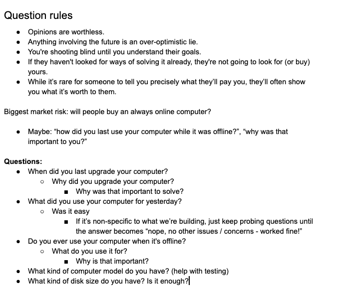 7/ Learning from users is a practiced skill just like programming. If you don't have experience, make a plan. Start with simple questions, then go deep.Here was mine going into early customer interviews: