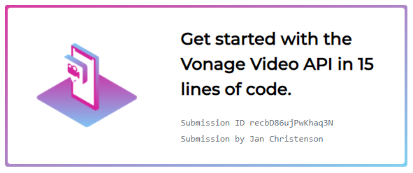 JDC_75's tweet photo. I just built a fully working video application in minutes while taking part in the #VueconfUS @VonageDev #VideoAPIChallenge! Find out how to get started at https://t.co/gZuGHOBqVx https://t.co/PXT4qtS47d
