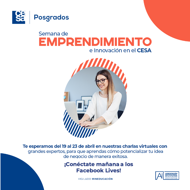 CESA_edu's tweet photo. Este lunes iniciamos la #SemanaDeEmprendimientoEInnovaciónCESA. Todos los días tendremos un #FacebookLive con un invitado especial para hablar sobre temas que ayudarán a potencializar tu negocio. Conéctate por nuestro Facebook Oficial: @CESA.EDU.CO #ProgresoProfesionalCESA https://t.co/RnJyZ012Ww