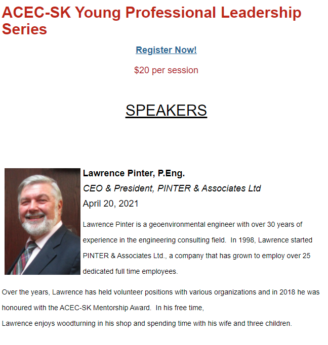 We are excited to annouce that Lawrence Pinter will be speaking in <a href="/acecsk/">ACEC-SK</a> Young Leadership Series. Registration details are at the link below! acec-sk.ca/events/acecsk_…