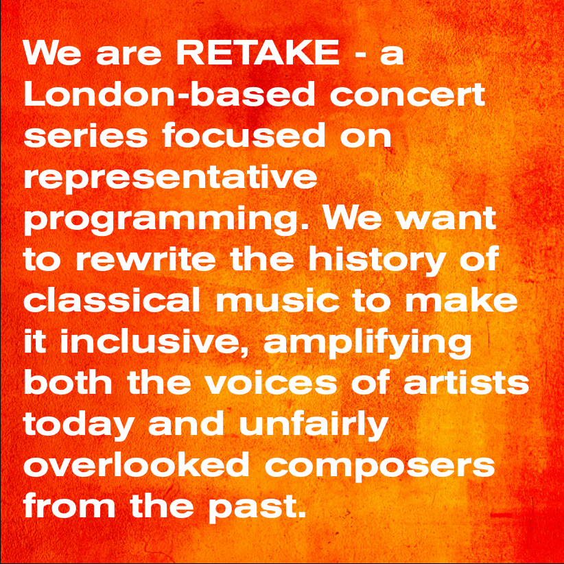 RetakeConcerts's tweet photo. RETAKE ON: RETAKE
Who are we? What are we doing?!
This week we want to get to know you a bit better, so we're sharing our thoughts about what and why we are doing what we do ☺️
#classicalmusic #womeninmusic #artists #concerts #newmusic #representation #inclusivity https://t.co/YPc5keX8FY