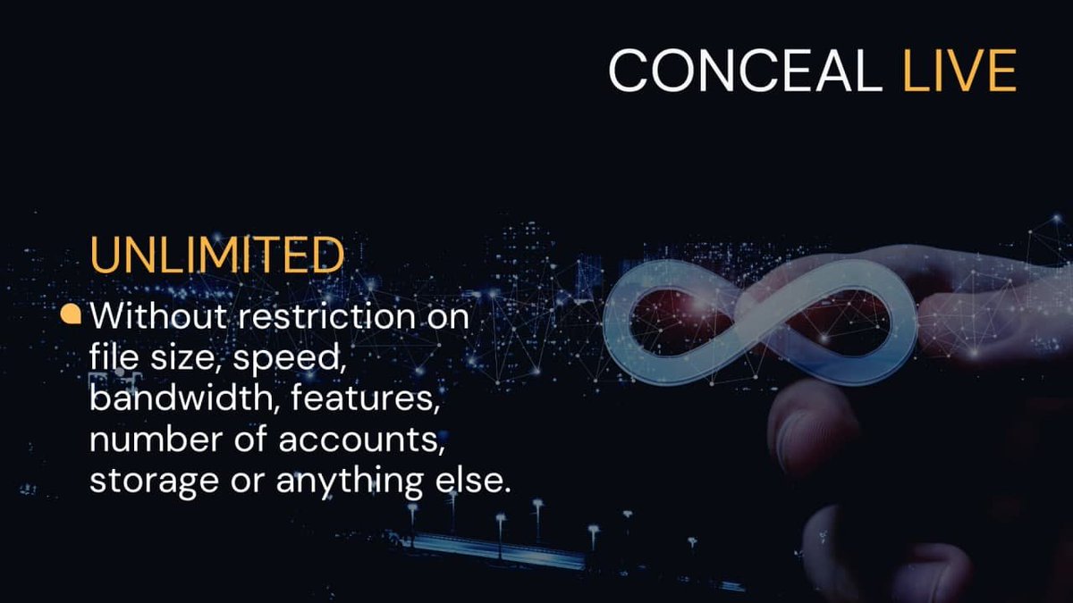 Concealers8's tweet image. Unlimited Usage

No limit on File Size, Speed, Accounts, Storage Amount, etc.

Communications #concealed

#privacy is a human right

$CCX #Clive #SignalApp #Telegram #P2P