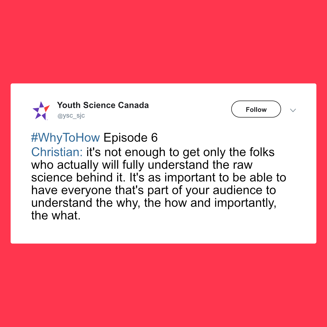 ysc_sjc's tweet photo. #WhyToHow Episode 6
Christian: it's not enough to get only the folks who actually will fully understand the raw #science behind it. It's as important to be able to have everyone that's part of your audience to understand the #why, the #how and importantly, the #what.
#Advice https://t.co/4kJFsEGjnW