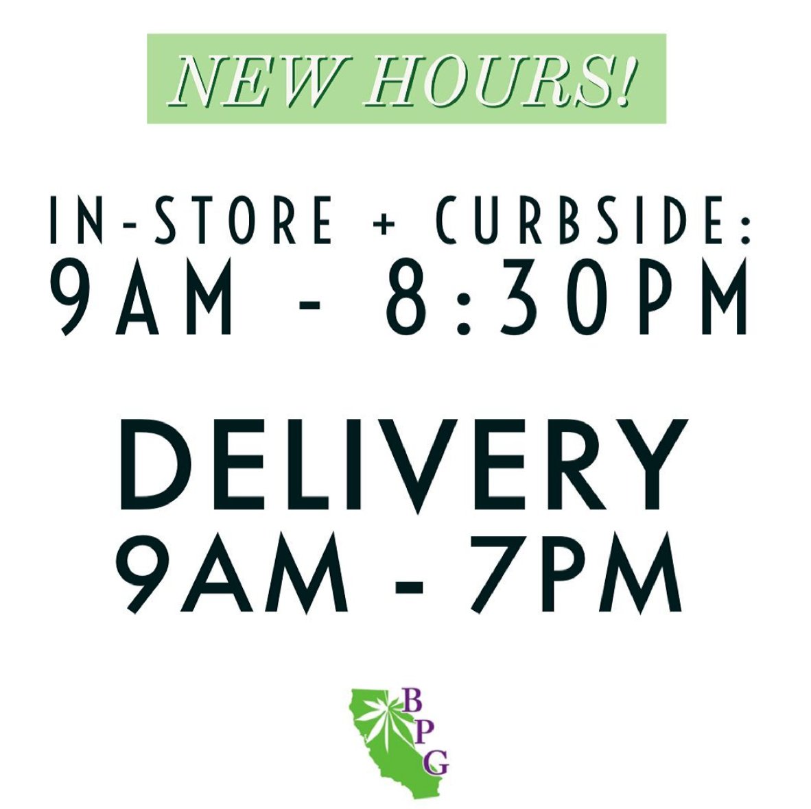 BPGtweet's tweet photo. Our hours of operation have changed to better serve YOU!
We sincerely value your business! If you have any questions regarding this change, please contact our office by calling 510-540-6013 or emailing info@mybpg.com ๐ฑ
#BPG #CannabisForGood #Berkeley #BerkeleyCommunity https://t.co/WhSRtXQlX7