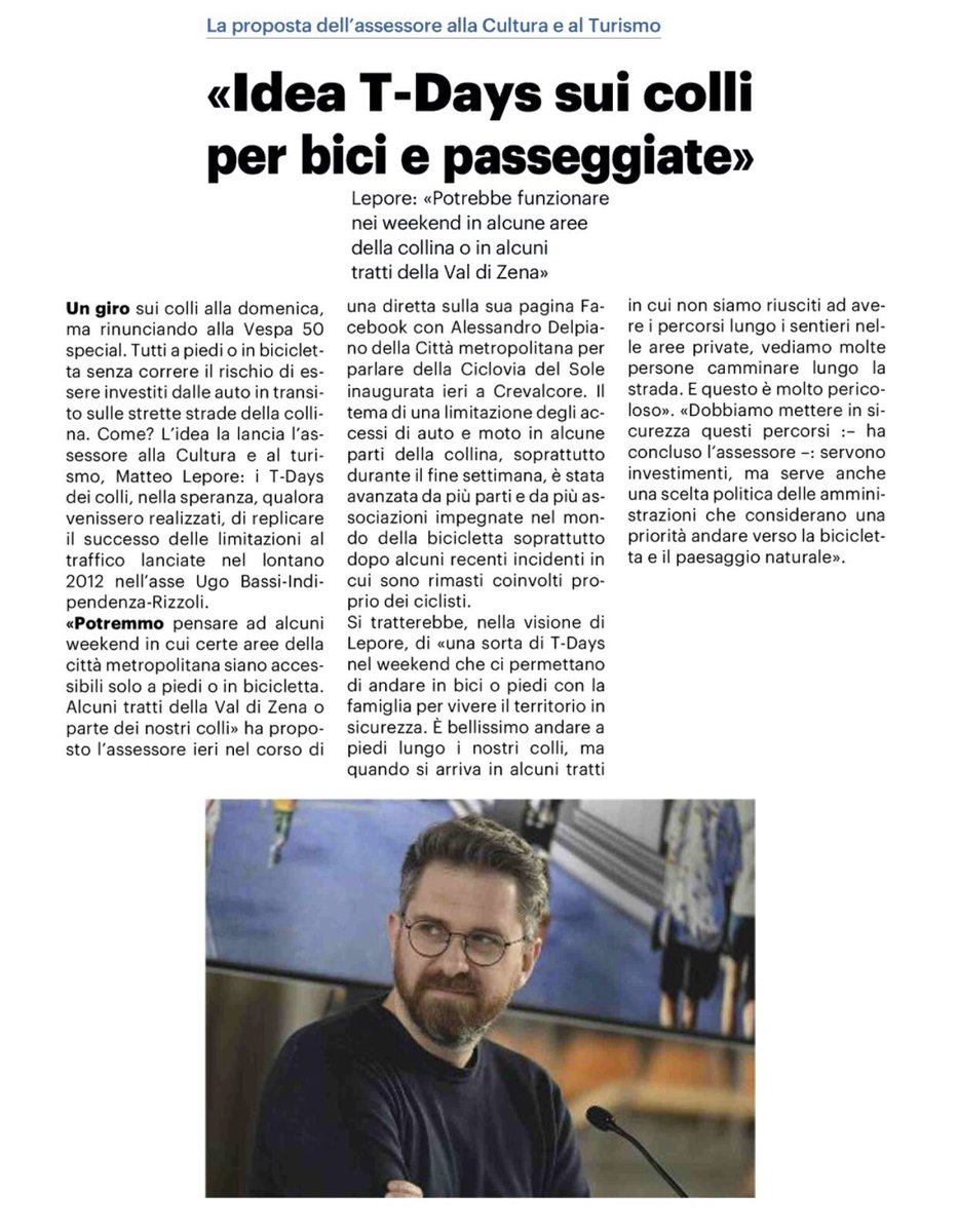 matteolepore's tweet photo. Ho lanciato questa idea: a #Bologna #Tdays nei fine settimana per #ciclisti e #pedoni anche fuori dal centro, nei #quartieri, in #collina e in #pianura. https://t.co/9XejADZyul