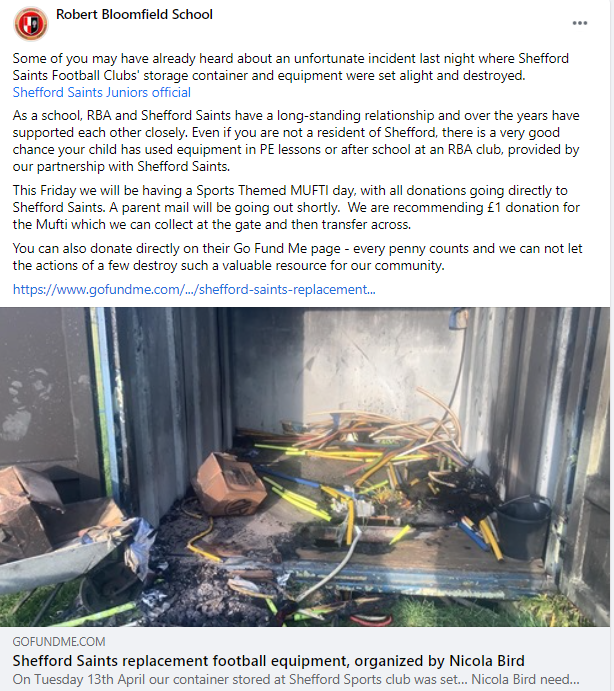 robertbms's tweet photo. Please help support @SheffordSaints after this mindless act of vandalism. RBA will hold a PE Themed Mufti on Friday 16th to raise funds directly. If you can help further, please visit their GoFundMe page @BedsSchTrust #BESTFamily #Community https://t.co/4xByrOmGKM https://t.co/SOtug8j3dz