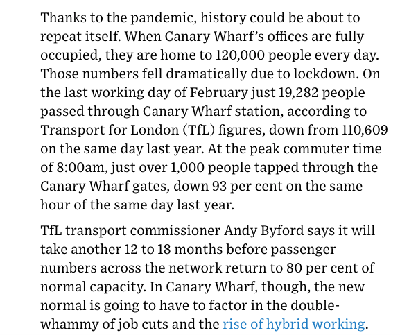 "The rise &amp; fall of Canary Wharf"

-lockdown impact &amp; rise of hybrid working
-<a href="/TfL/">TfL</a> insight on passenger drop off &amp; when they expect them to return 

Which pose unique challenges for <a href="/global/">Global</a> 
When the going gets tough..
What a time to be in #OOH #DOOH 👊

wired.co.uk/article/canary…