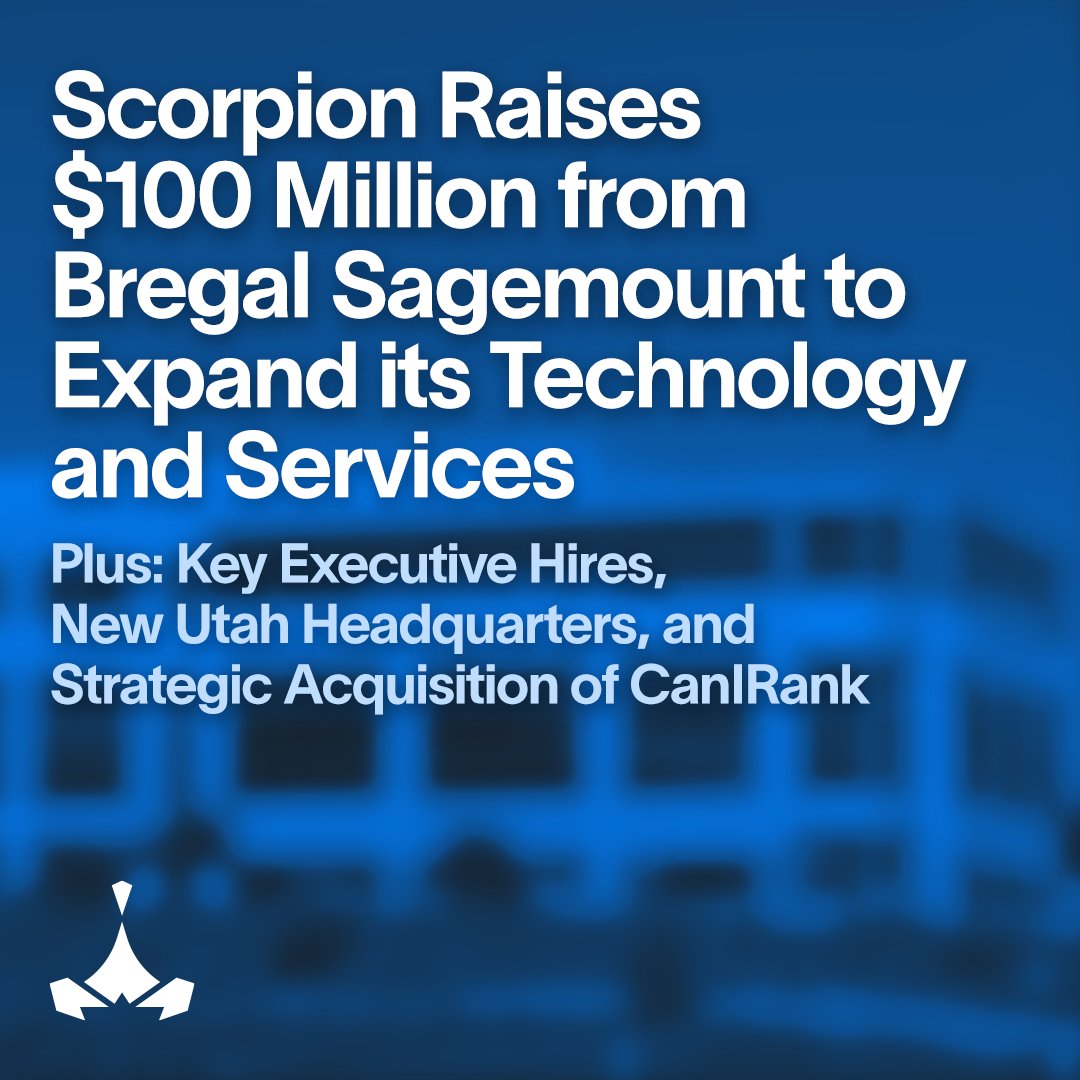 Today is a big day for Scorpion, as we announce $100M in funding from <a href="/BregalSagemount/">Bregal Sagemount</a> to advance our technology, key executive hires, the acquisition of @CanIRank &amp; a new headquarters in Salt Lake City. For more information, check out our press release: prn.to/3uQys2O