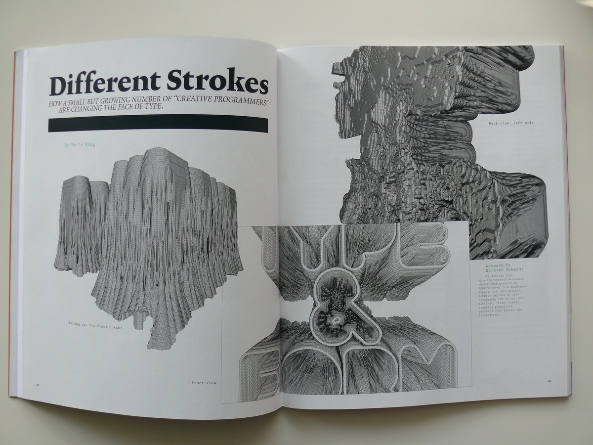 18/ The volumetric/voxel tools used for some entries in above showreel were originally written in 2008, whilst working on my first 3D print, a   #ReactionDiffusion   #generative typographic sculpture for a special issue/interview in Print Magazine. More pics:  https://flickr.com/photos/to...
