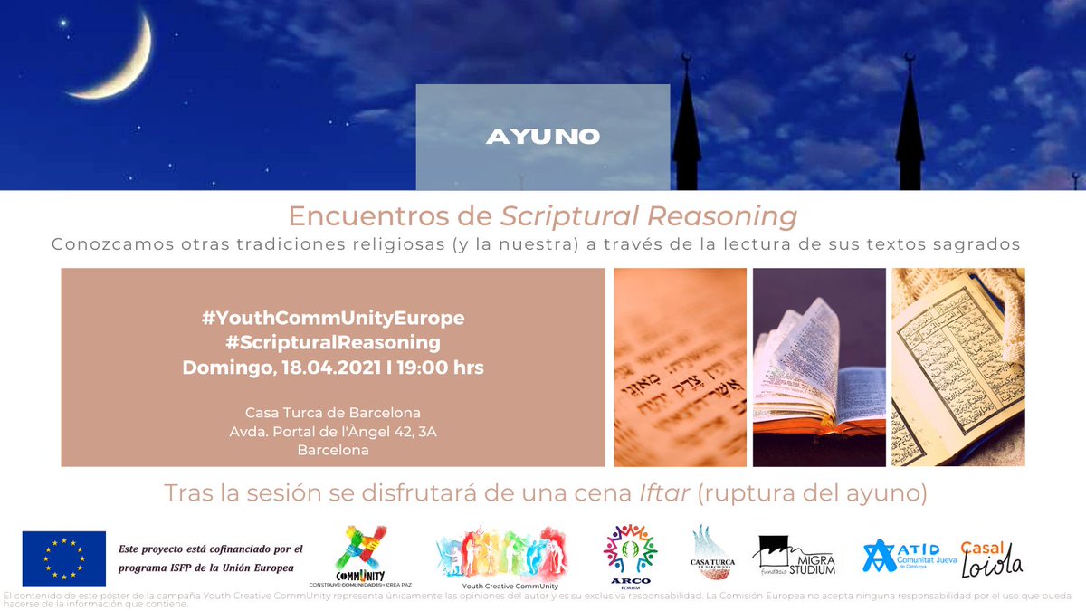 ArcoForum's tweet photo. 📚El domingo 18 de abril a las 19:00 hrs organizamos la 15ª sesión de los Encuentros Scriptural Reasoning (SR) dentro de la
campaña #YouthCreativeCommUnity del proyecto europeo CommUnity Project. El tema elegido para la sesión es “Ayuno”. https://t.co/Nf24WxGzUG