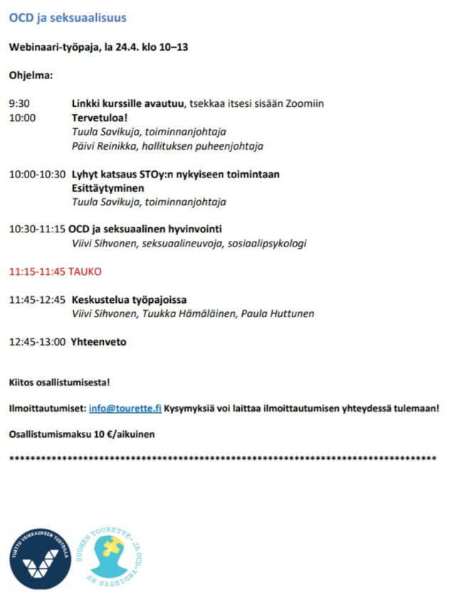 STOySuomi's tweet photo. Vielä voi ilmoittautua "OCD ja seksuaalisuus"-webinaariin, joka on 24.4. klo 10-13 :) 
Ilmoittautuminen tätä kautta: info@tourette.fi 
Osallistumismaksu 10€/aikuinen
#OCD #STOy https://t.co/giQhwhYymn