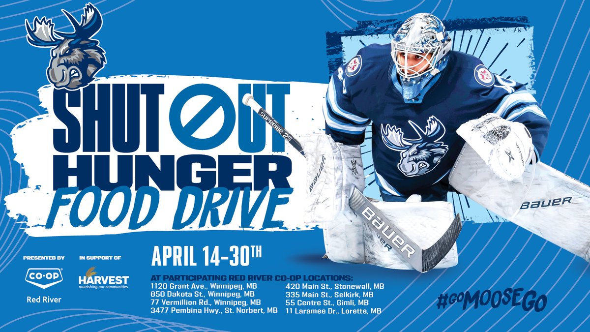 ManitobaMoose's tweet photo. Monetary donations can also be made for this year's #ShutOutHunger Campaign
💙 $10 donation = 3 meals to hungry Manitobans
💙 $25 donation = 7 meals
💙 $50 donation = 15 meals
💙 $150 donation = a complete Harvest Food Hamper for a family of 4
DONATE:https://t.co/r6O1gCZMYw https://t.co/Z967aAiiKH