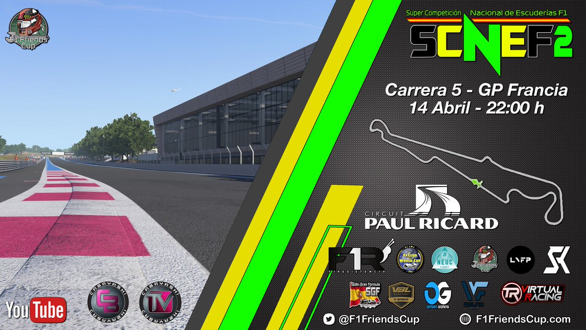 ¡¡Nueva semana de carreras!!
Llegamos a la 5a cita de la #SCNEF2 en el #FranciaGP
No os perdais esta carrera contada en directo a partir de las 22:00h
@F1Friendscup