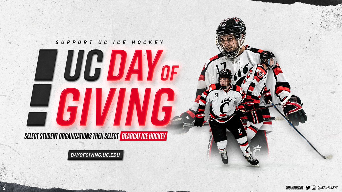 UCIceHockey's tweet photo. The #UCDayOfGiving starts in 24 hours! The link to support us will be posted tomorrow! To learn more about the #UCDayOfGiving visit the link below and learn about the bonuses the team could receive tomorrow! 

https://t.co/ARhgNUKpLr

#1Team1Mission https://t.co/4W0DsctFrn