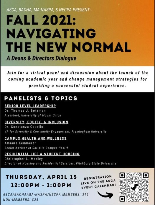 If you are working in the Massachusetts area consider attending this fantastic dialogue opportunity for those in higher education. To register utilize the QR code within the advertisement or visit the ASCA Event Calendar at: theasca.org/ev_calendar_da…