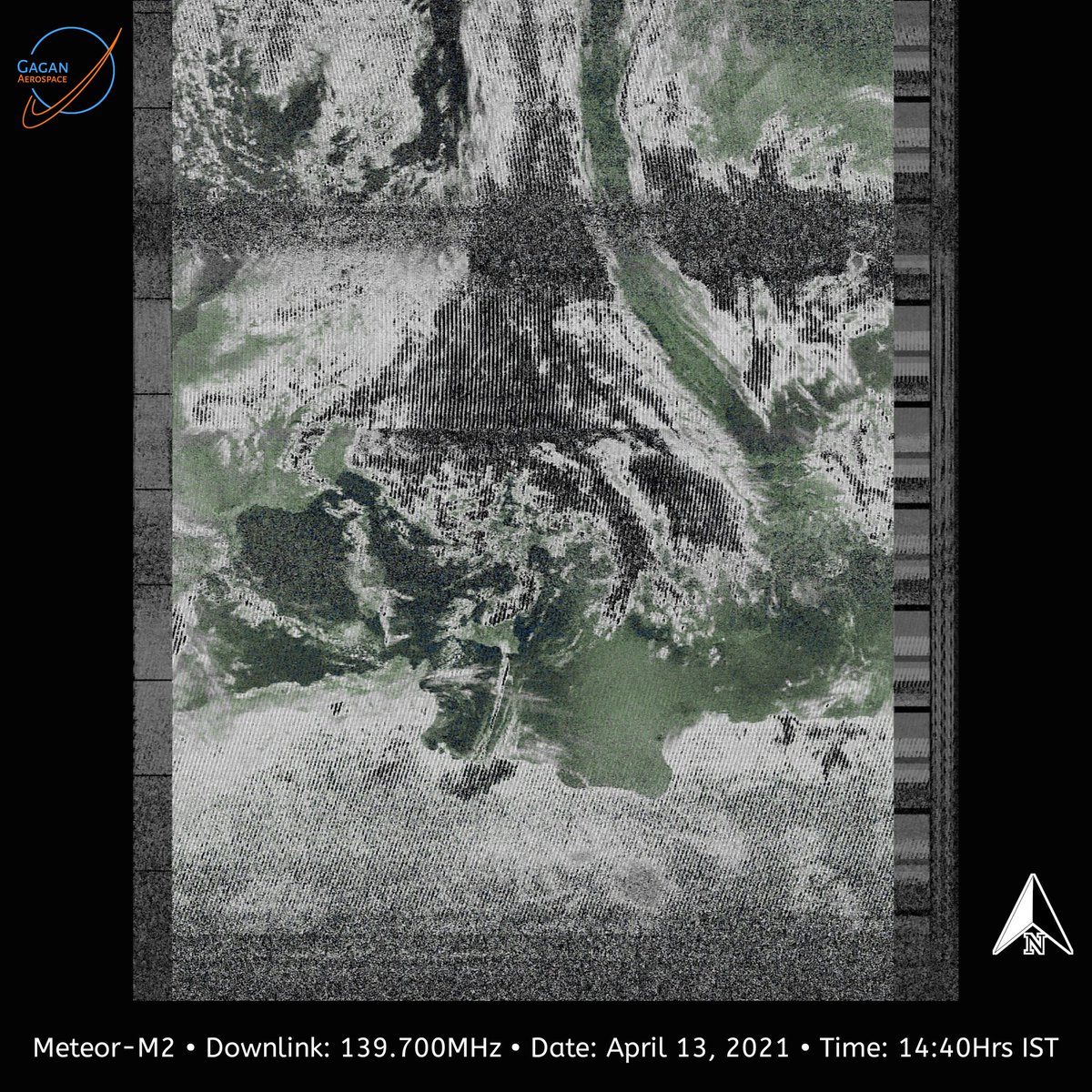 GaganAerospace's tweet photo. The image produced, after decoding the signal transmitted by the Russian Meteor-M2 satellite during its pass over the Norwegian Sea (April 13) via VHF Goonhilly WebSDR.

#meteorm2 #satellitetracking #roscosmos #gagan_aerospace #nssce https://t.co/VI9oifVxWa