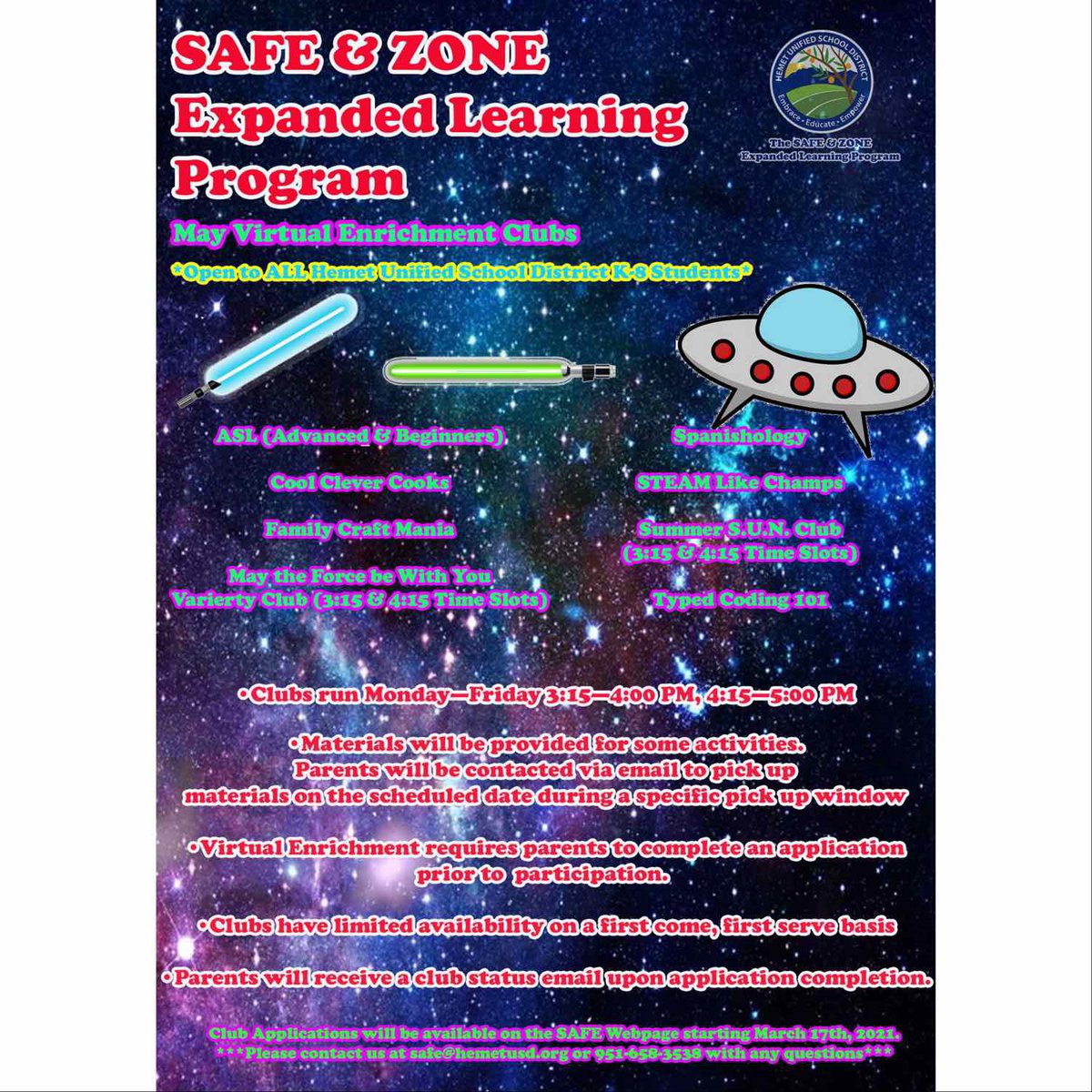 RVMSflagship's tweet photo. Happy Wednesday Mavs! The SAFE & ZONE expanded learning program has opened its enrollment for May Enrichment Clubs today! Review the flyer for more information & access the application on the SAFE webpage! Don’t miss out! #rvms #husdpremier #safeprogram https://t.co/8HOIUZ1vmE