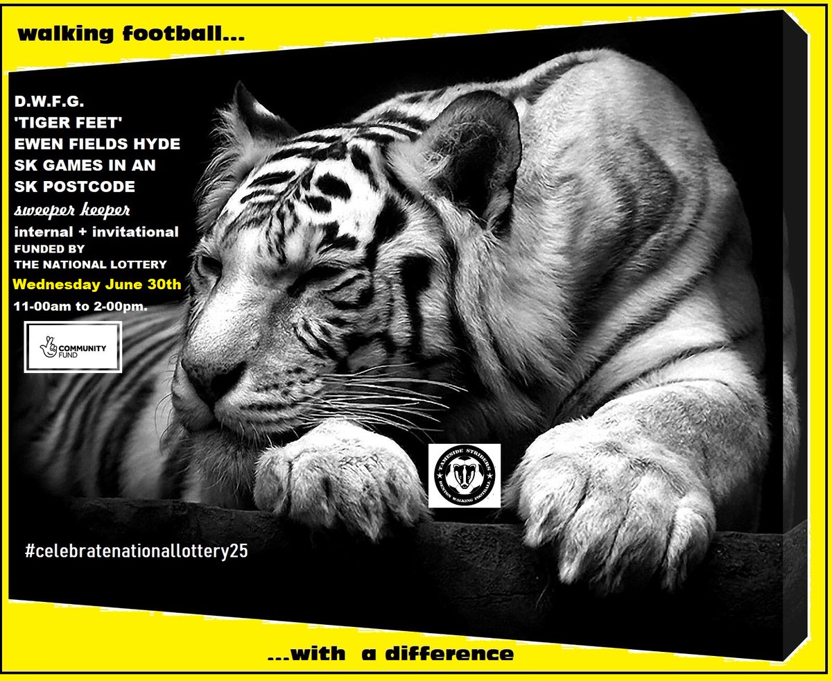 tamestrider7's tweet photo. Announcing our internal three hour #walkingfootball festival at the home of @hydeunited 'TIGER FEET' now confirmed for June 30th. SK format in an SK postcode. Seven Tameside Striders teams from Denton W.F.G. #sweeperkeeper #Hydeandsweep #nomeanfeet #EwenFields https://t.co/X8wOf5eqNe