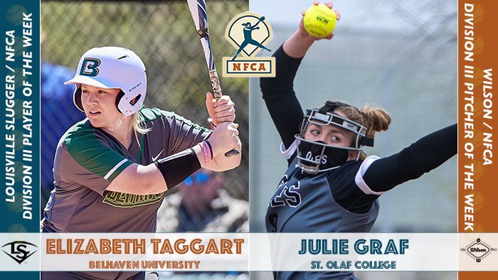 NFCAorg's tweet photo. 🥎 @StOlafSoftball's Graf, @BelhavenSB_'s Taggart claim @wilsonballglove / @sluggerFP NFCA Division III weekly honors. https://t.co/JtOgPlbDkU https://t.co/Kw7Nso0nzC