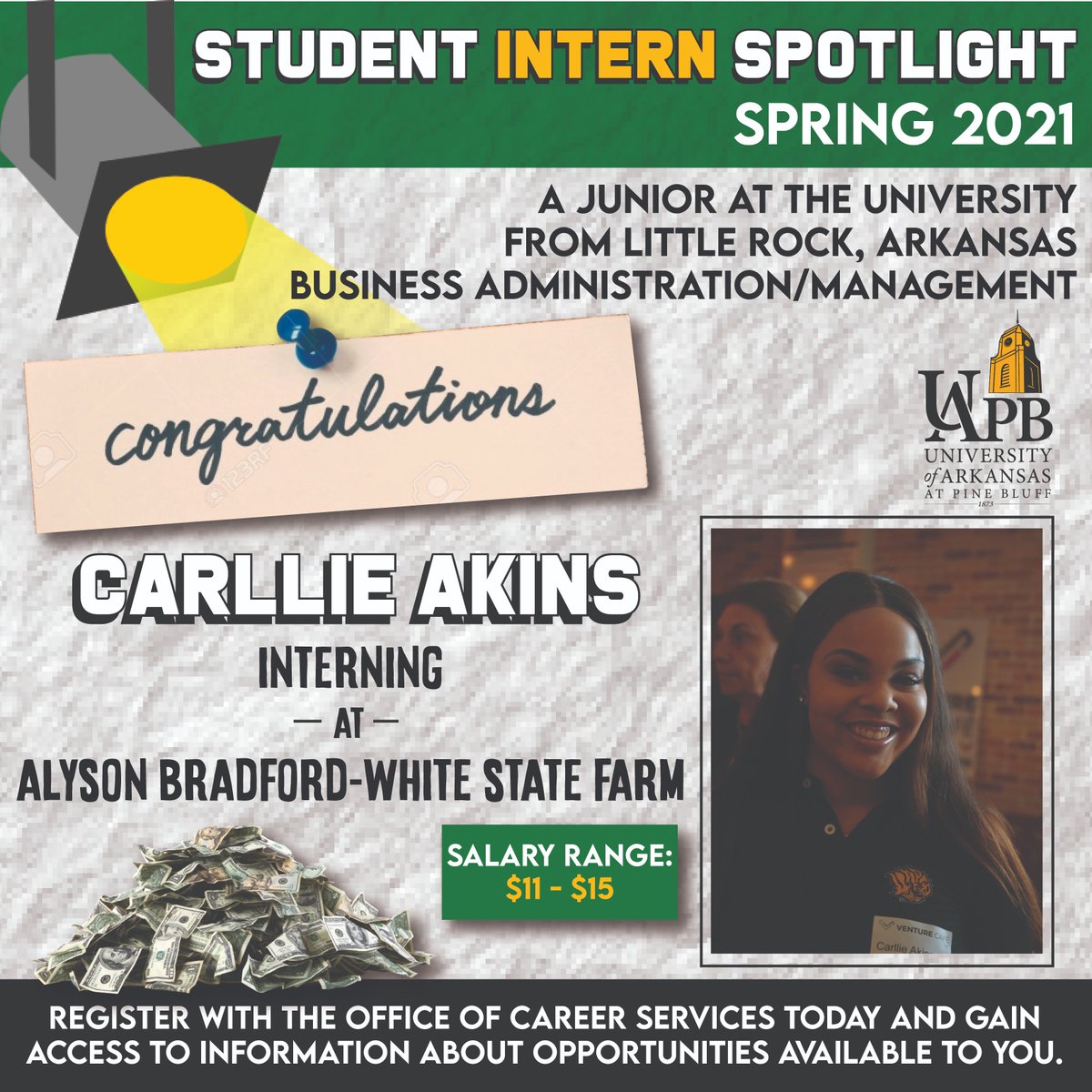 The Office of Career Services would like to congratulate our intern spotlight of the week... Carllie Akins 🎉

✅

Find out today how you can earn an internship, simply by contacting the Office of Career Services (870.575.8461) 😉... speak to you soon!

#career #uapb #intern