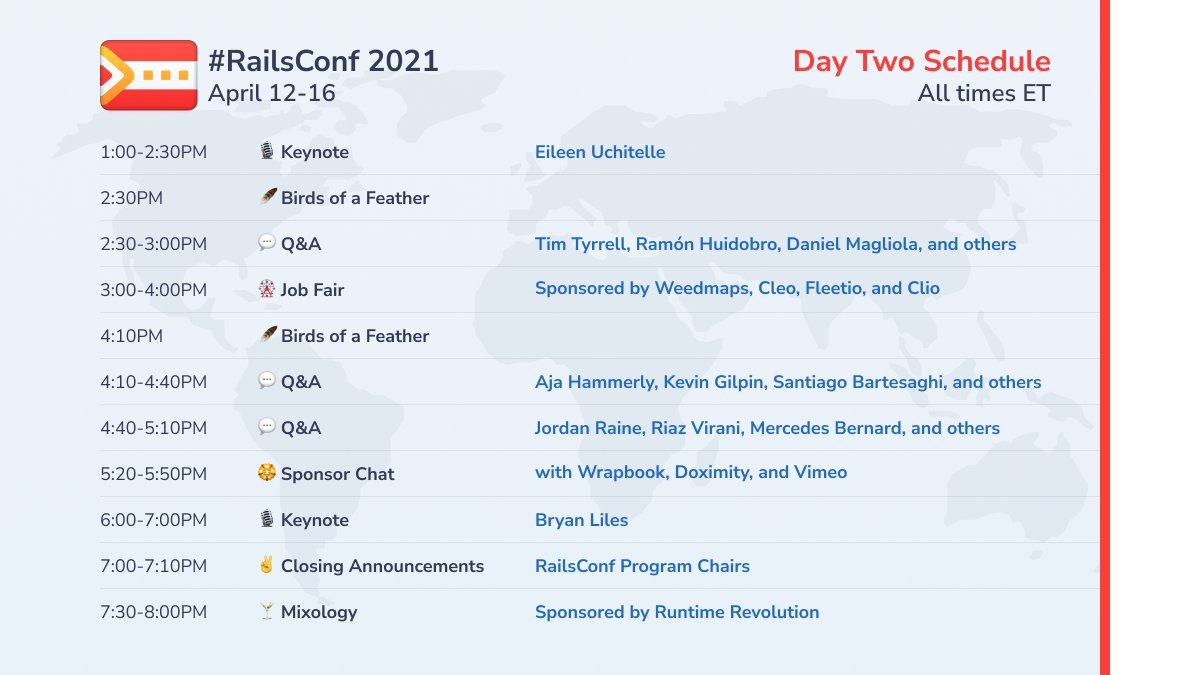 railsconf's tweet image. There's nothing better than waking up to another day of #RailsConf2021 magic. See you all in 1 hour!