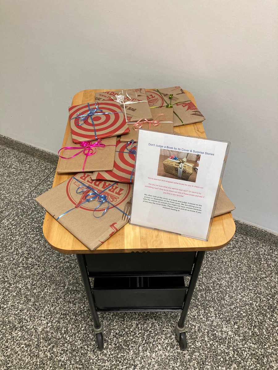 knugent5's tweet photo. Don’t judge a book by it’s cover! Surprise books wrapped as a present... try something new! @ReynoldsBville @BCSDBEES @melissa_chiodo https://t.co/Qrb7mWWdXQ