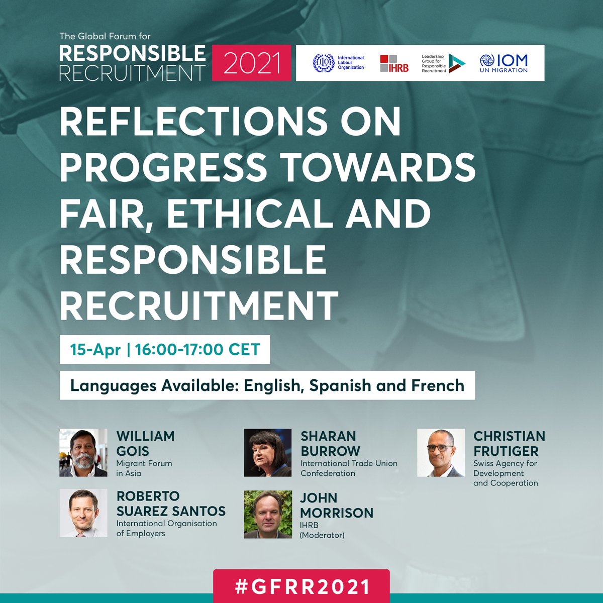 📣 📣 📣 

As we're approaching the end of #GFRR2021, our closing plenary will reflect on the progress made towards ethical, fair and responsible recruitment to date, and provide guidance on the way forward from here into the future. 

Starting at 4pm CET, tune in and listen!