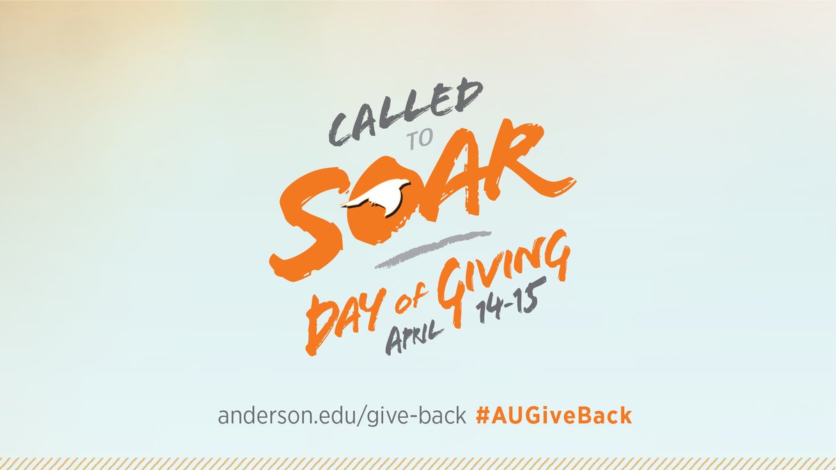 AndersonU's tweet photo. Its time! Anderson University's 5th Annual Day of Giving starts now. We have 24 hours to reach our goals. 

To give, go to https://t.co/pK4Lpwn4pB.

#AUGiveBack #CalledtoSoar #StillAU https://t.co/qfq6QFtOlZ