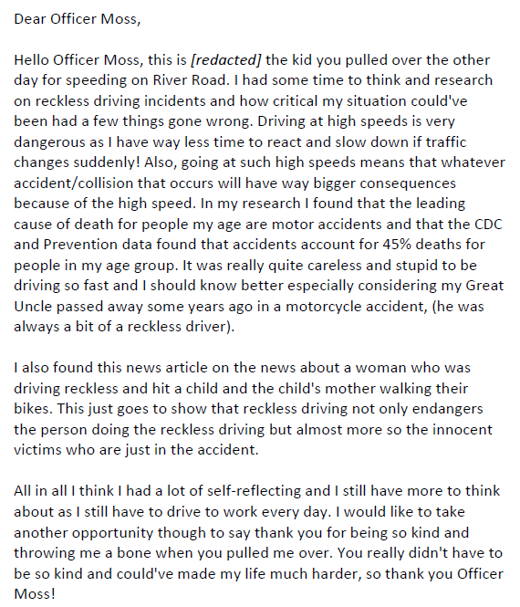 PierceSheriff's tweet photo. Our PIO, Sgt Moss, recently stopped a driver for speeding. He was a young driver and Sgt Moss asked him to think about how his actions could affect him, his family or strangers. In lieu of a ticket, the driver agreed to write this letter. He delivered on his promise. Take a look. https://t.co/PSU0kFwhPD