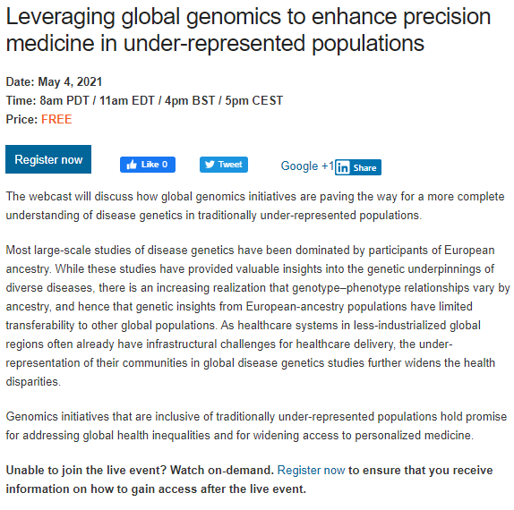 NatureRevGenet's tweet photo. Register now for our #free webcast, with @NatureComms, on "Leveraging global genomics to enhance precision medicine in under-represented populations" https://t.co/dWOIoid5Iw We are very excited to host Alicia Martin (@genetisaur) and Charles Rotimi as speakers for this event! https://t.co/S8xEqqXm7u