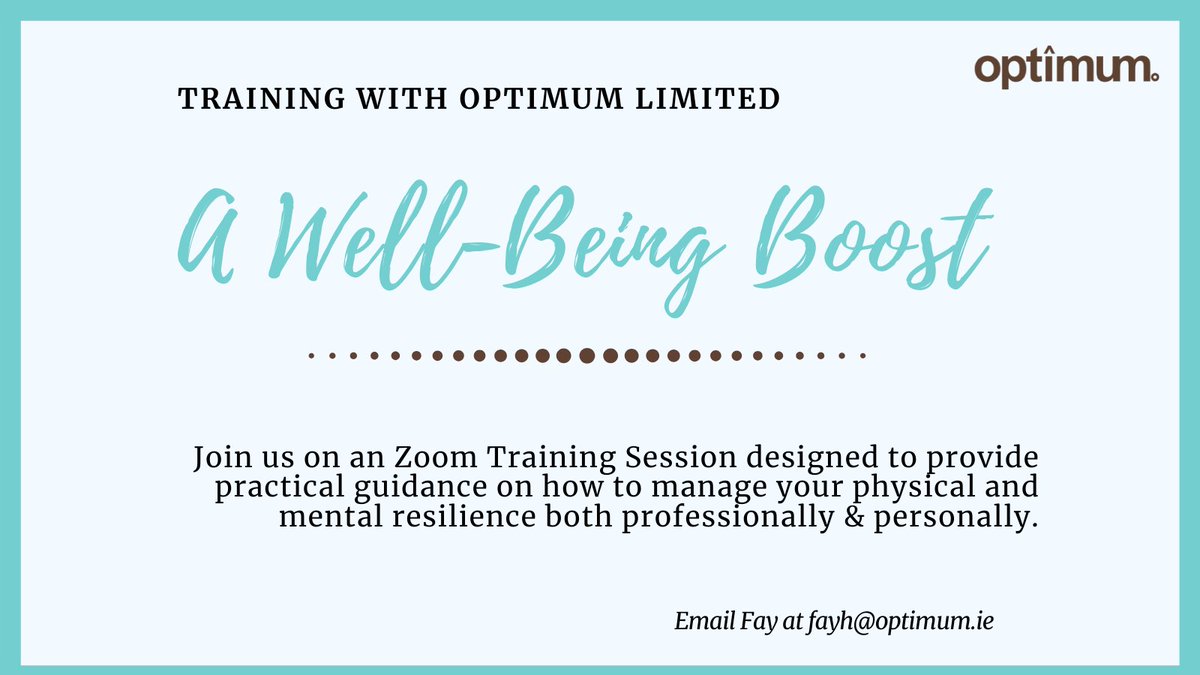 Positive Mindset and Resilience- Wellbeing Boost. We have two workshops, one on the 28th of April and the other on the 19th of May. Get in touch to book a spot with us: fayh@optimum.ie

#wellbeing #mentalhealth #mindfulness #selfcare #successisachoice

https://t.co/Y8Ea1q4d7E https://t.co/4NikONxKXr