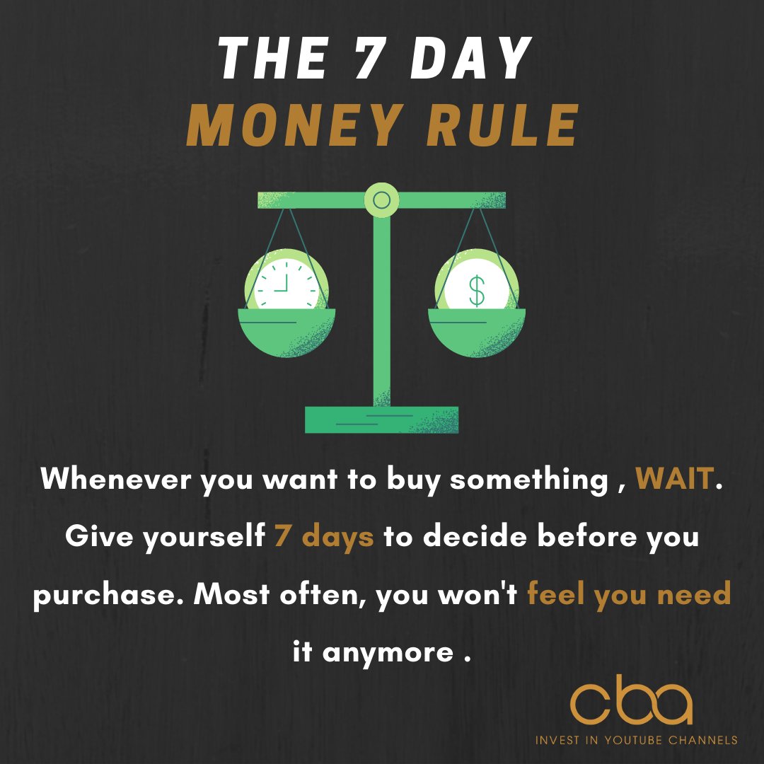 CBA_invest1's tweet photo. Most of the time you will realise you never needed that thing . This rule is perfect to use when you want to invest smart ๐๐ผ
โข
โข
โข
โข
#youtube #youtubestrategies #monetizeyoutube #monetizeyourbrand #advertisingagency #youtubeideas #contentcreator #cba https://t.co/uoMYaupzbk