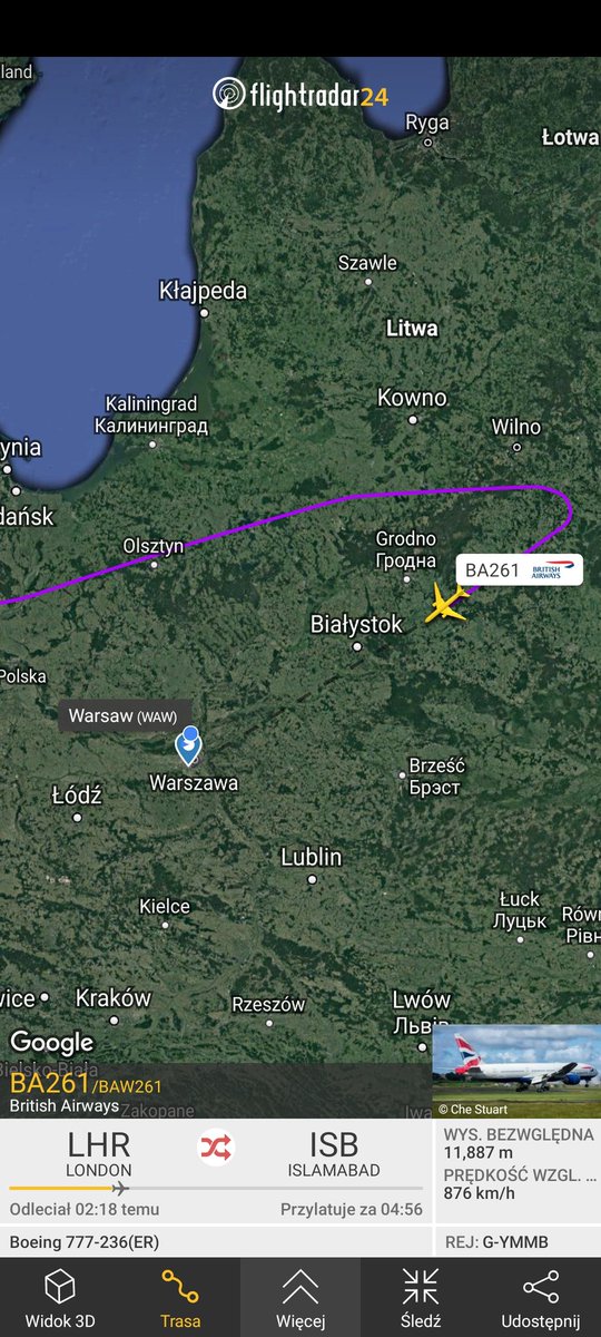 Friutfulmonk58's tweet photo. British Airways flight #BA261 is diverting to Warsaw @ChopinAirport, reason not yet known https://t.co/zLFVUo4ymm