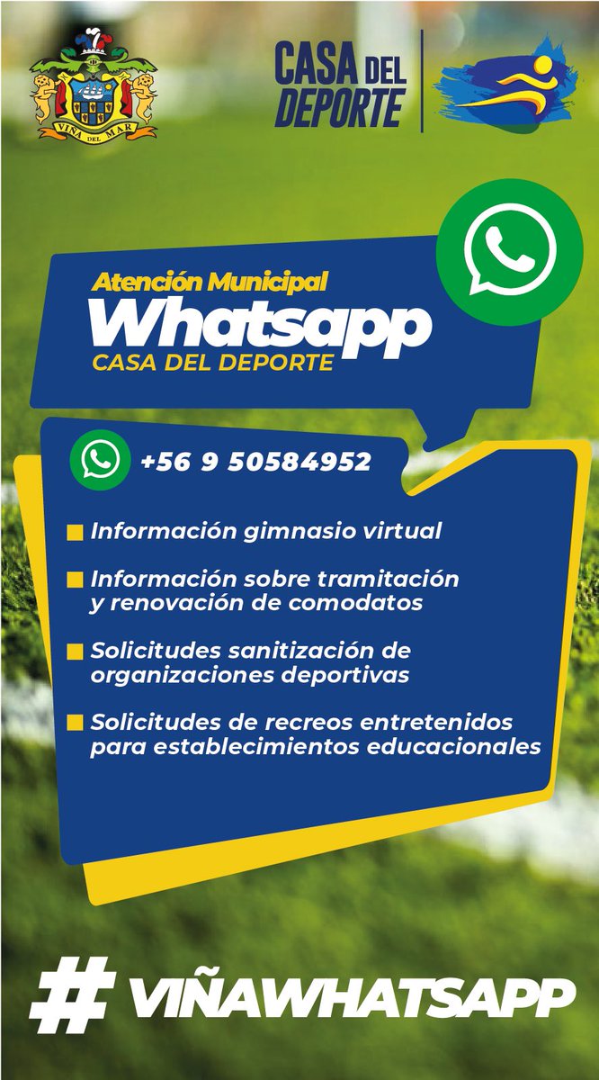 cotyreginato's tweet photo. #VIÑAWHATSAPP 
Si quieres acceder a información valiosa en línea y hacer consultas escritas sobre GYM virtual, clases en línea, sanitización de organizaciones deportivas  y más escribe un WhatsApp a VIÑA CASA DEL DEPORTE A:
https://t.co/4i17J2rYuI  
Virginia Reginato #VIÑA #CHILE https://t.co/GPvr6CJ3Hn