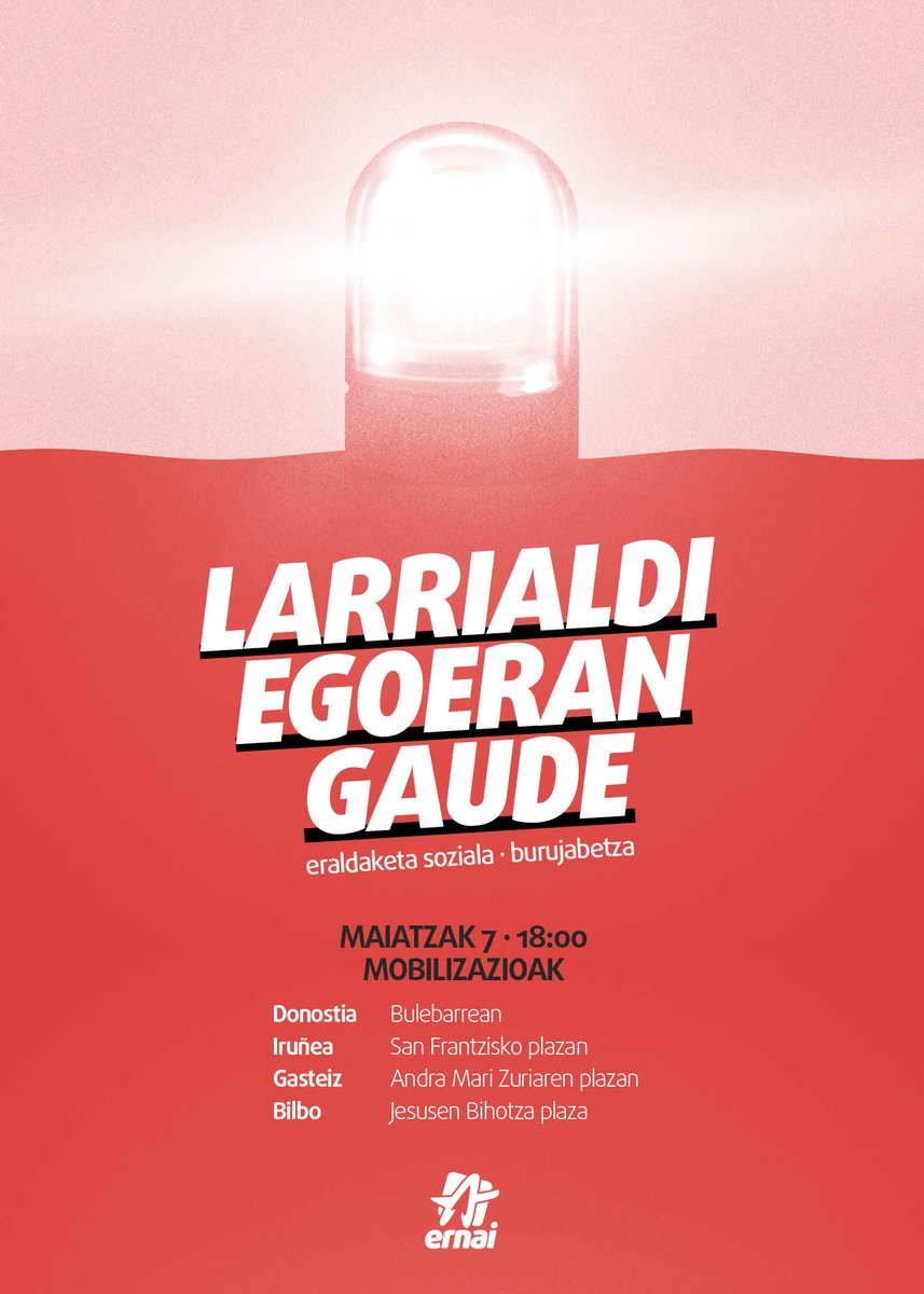 Maiatzaren 7an kalera aterako gara gazteak.

➡️ Etorkizun ezaren aurrean
➡️ Nekea eta haserrearen aurrean

Gazteon egoera iraultzeko 🔁eraldaketa soziala eta burujabetza!

🚨 Manifestazioak 18:00etan hiriburuetan.

Deialdiak 👇👇👇
