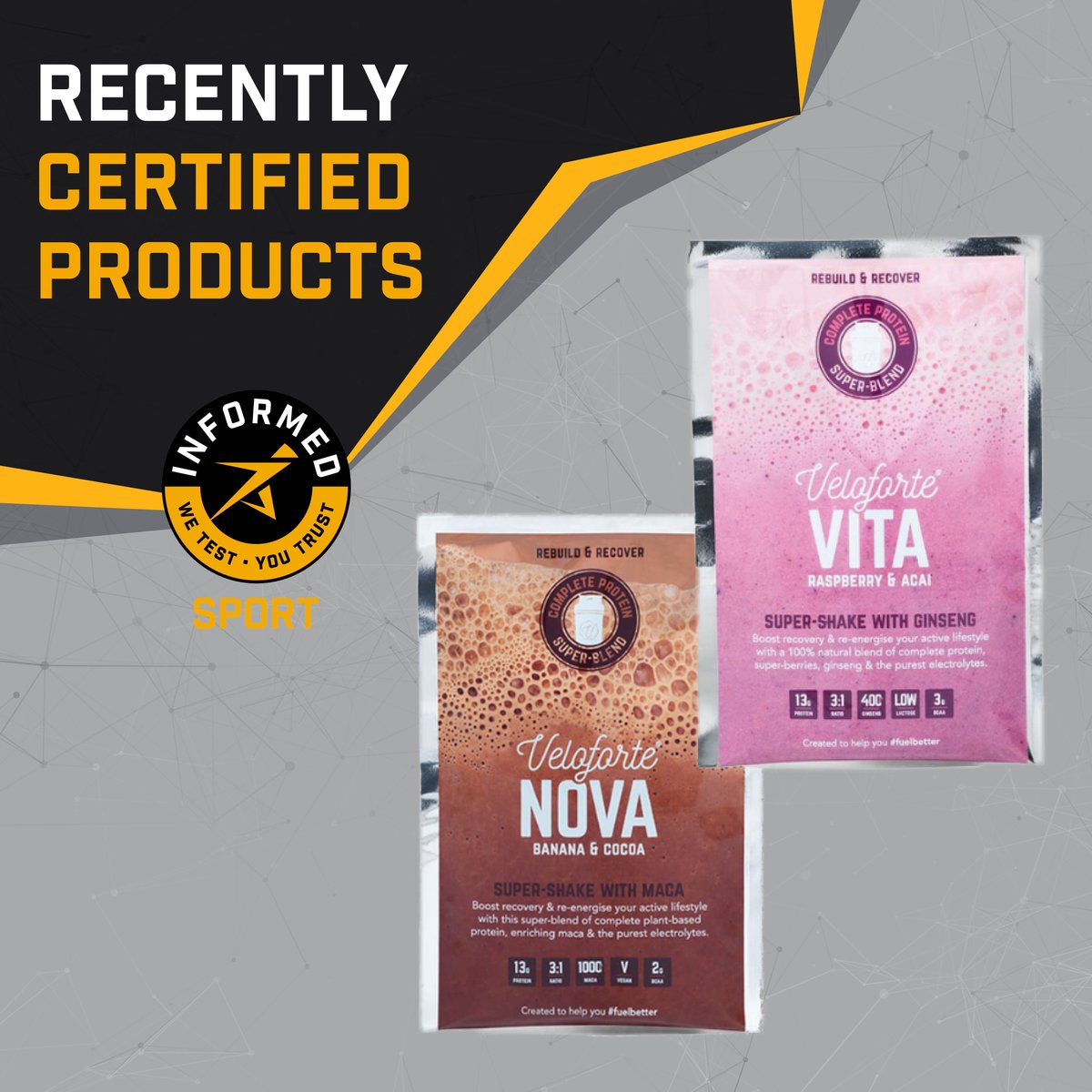 wetestyoutrust's tweet image. Congrats @veloforte on the Informed Sport Certification of Nova Natural Recovery Shake and Vita Natural Recovery Shake. Every batch of these products are pre-market tested for banned substances - providing assurance to athletes! #wetestyoutrust #InformedSport #veloforte