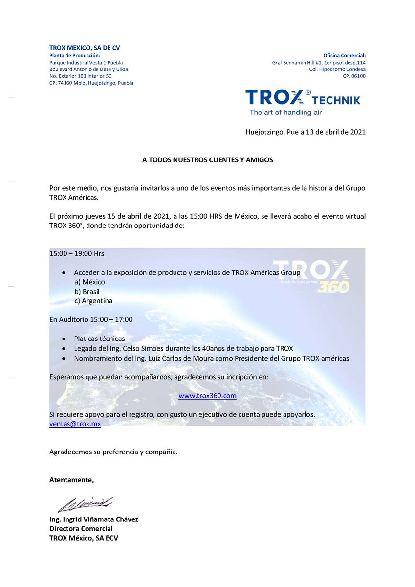 Estimados clientes, aliados comerciales y amigos,

Nos gustaría invitarlos a que nos acompañen en el evento virtual TROX 360 mañana 15 de abril, 2021.
A partir de las 15:00 hrs.

Inscripciones: trox360.com

#TheArtOfHandlingAir #Mexico #LATAM