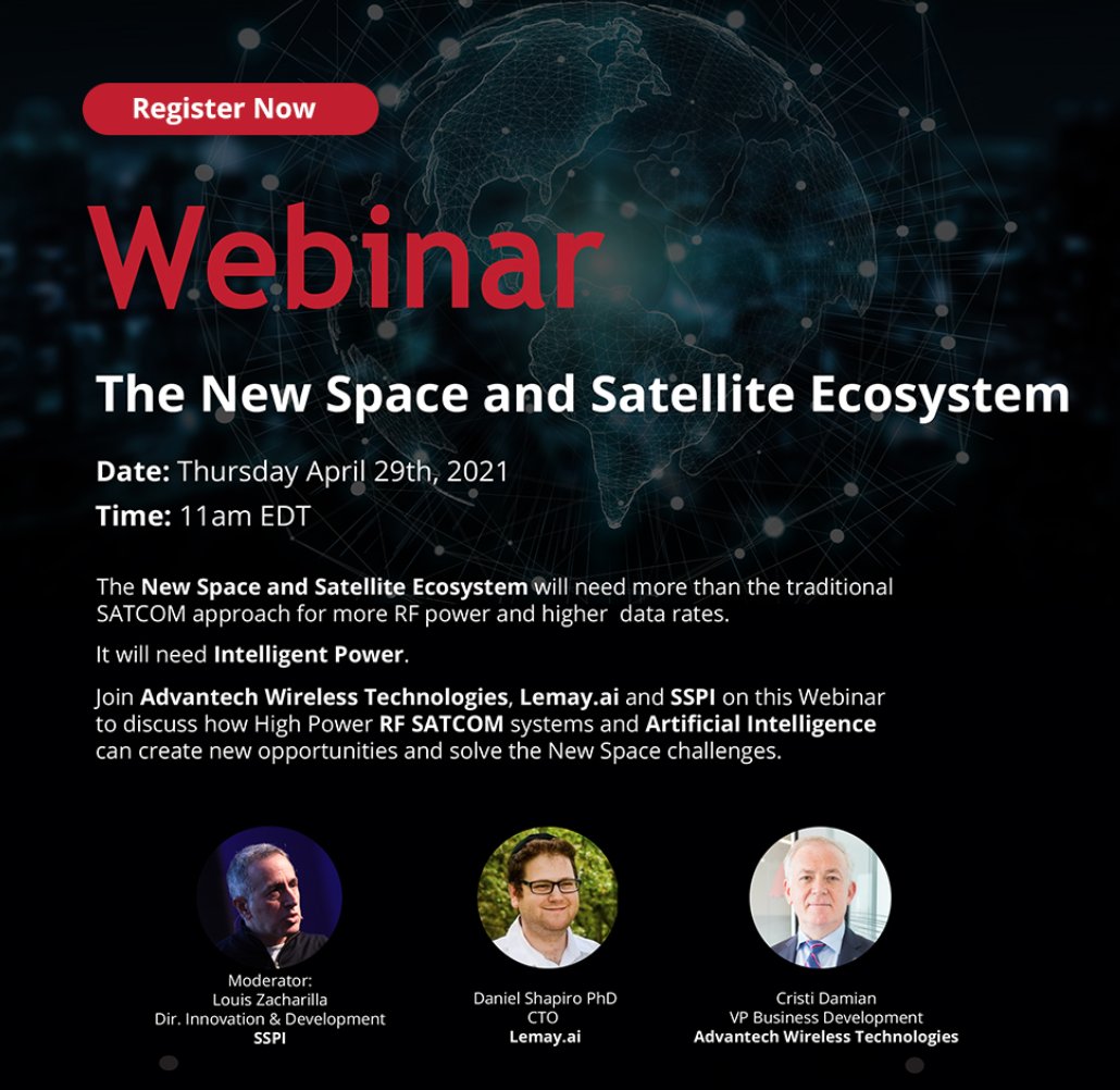sspi's tweet photo. Join us on April 29th for a live #webinar, The New Space and Satellite Ecosystem!  
Get insight on the opportunities that can be created from high power RF-SATCOM systems and #AI.
https://t.co/N6DTNusxdS  

Hosted by SSPI #Canada, @Lemay_ai and @AdvWireless https://t.co/PSXslyUM6x