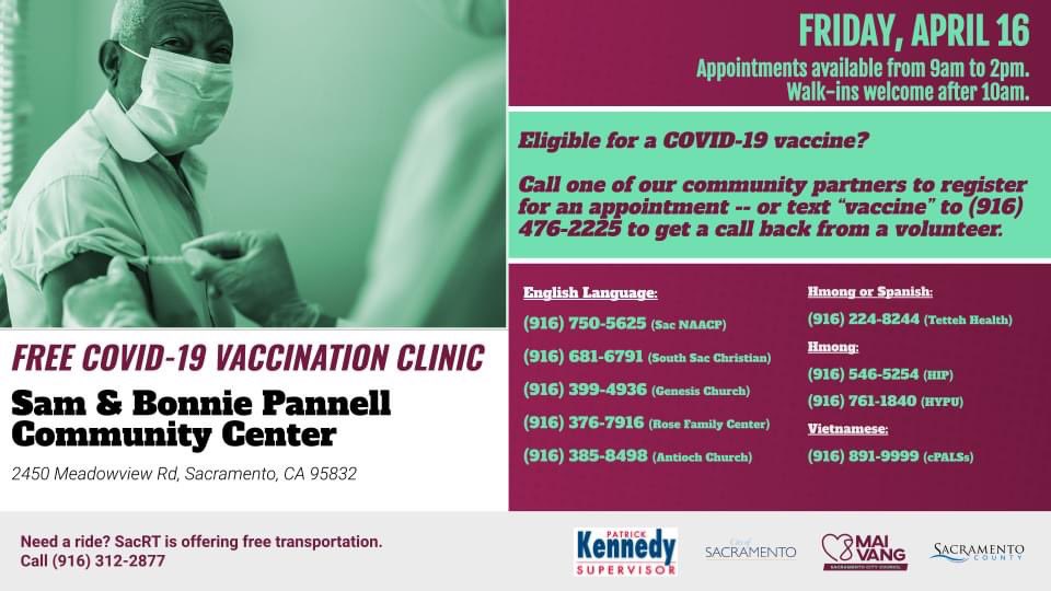 This Friday, April 16th at Pannell Community Center in <a href="/TheCityofSac/">City of Sacramento</a> we’ll be administering 2,000 doses of Pfizer. Call one of our CBOs below to schedule an appt or text “vaccine” to 916-476-2225 to get a call back! Walk-ins are welcome! 

#EquityInAction
#CommUNITYImmUNITY