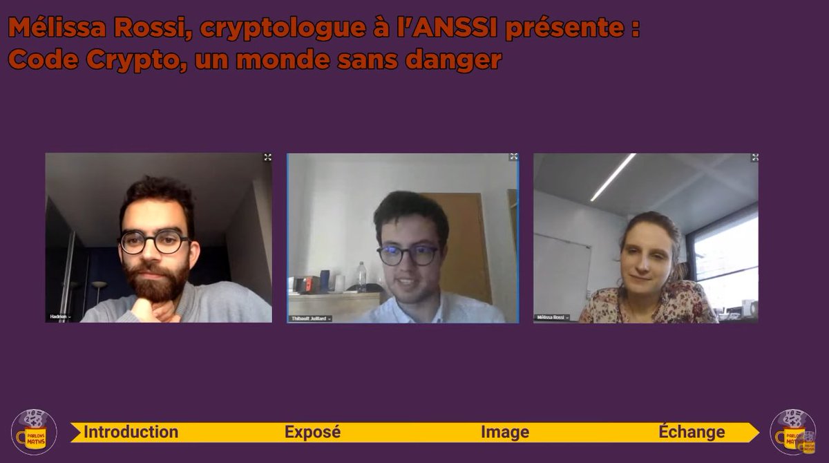 ParlonsMaths's tweet photo. Venez échanger avec @MelissaRossiD sur son parcours de cryptographe 🤩

▶️https://t.co/CdKB5kCoiM

@Asso_Animath https://t.co/csGRlGQGSB