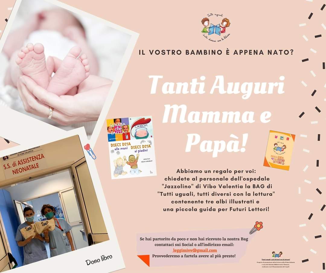 Il nostro "Dono Libro" per i #NuoviNati è di nuovo disponibile presso il reparto di Pediatria dell’ospedale “G. Jazzolino” di Vibo Valentia! 😍 

👶 Se hai partorito da poco e non hai ricevuto la nostra #Bag contattaci sui social 
o all'indirizzo email: leggimivv@gmail.com