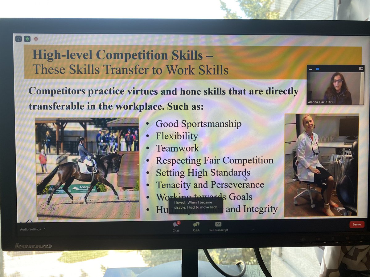 “Competitors practice virtues &amp; have skills that are directly transferable in the workplace.”  Enjoying listening to ACE athlete &amp; keynote speaker <a href="/aflaxclark/">Alanna Flax-Clark</a> at DEI Conversations: harnessing accessibility &amp; inclusion of persons with disabilities.  @Respect_Ability <a href="/USequestrian/">US Equestrian</a>