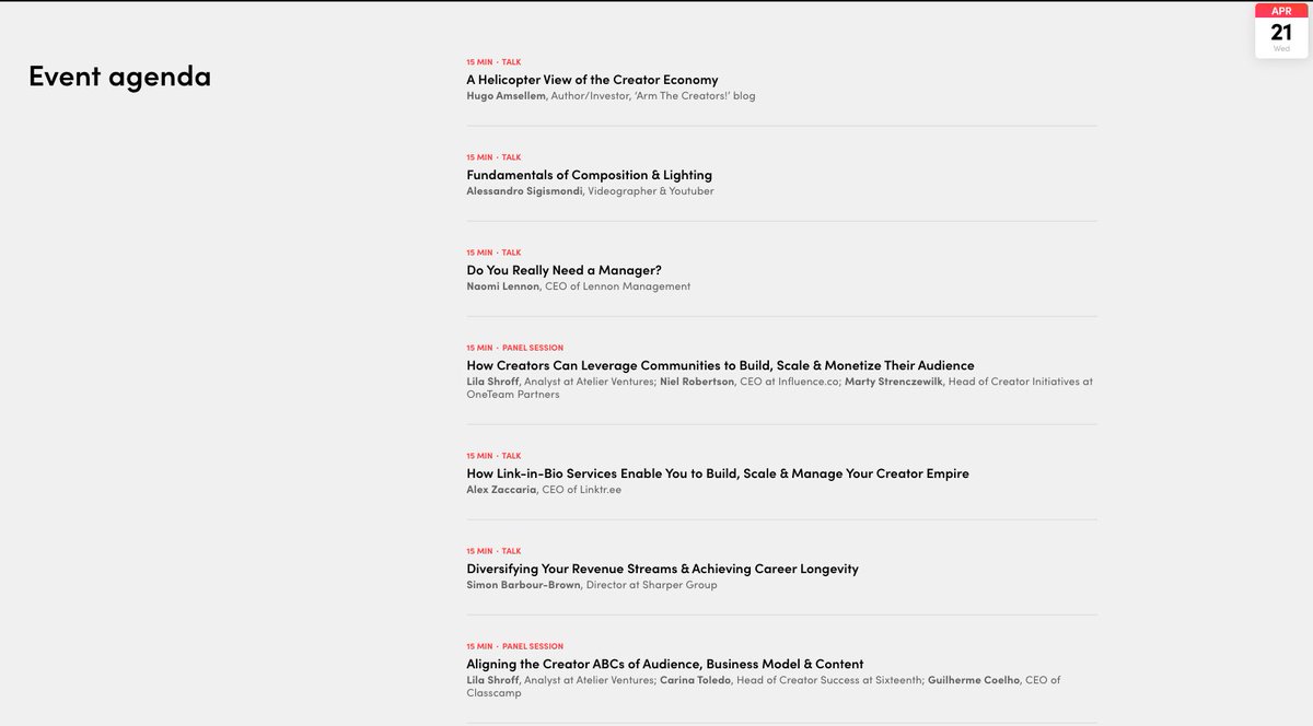 The agenda for next week's free masterclass is now live on the event website 🎉 creatormasterclasses.com

Hear from fantastic speakers like <a href="/LilaShroff/">Lila</a> <a href="/AlexZac/">Alex Zaccaria</a> <a href="/HugoAmsellem/">Hugo Amsellem</a> <a href="/nielr1/">nielr1</a> <a href="/Lazerchickenzzz/">Marty</a> and more!