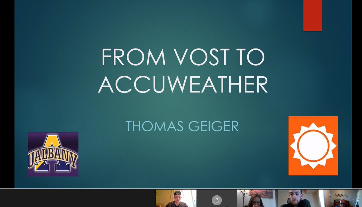 Huge thanks to <a href="/accuweather/">AccuWeather</a>'s Thomas Geiger for conducting a Q&amp;A with our <a href="/UAlbany_VOST/">UAlbany Virtual Operations Support Team</a> students today. Great discussion on severe weather risk, communication, and decision-making.

Thomas is a VOST and <a href="/UAlbanyDAES/">UAlbany ATM/ENV Sci</a> alumnus--we're proud of what he's been able to accomplish!