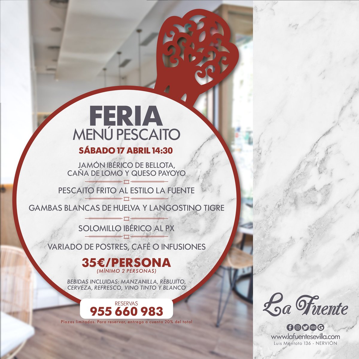 Este año no tendremos Feria... ¡Pero al "pescaito" no vamos a renunciar! 💃 Apúntate ya y vive un sábado de farolillos, sevillanas y rica comida en <a href="/BodegaLaFuente/">Bodega La Fuente</a>

📆 Sábado 17 Abril - 14:30
𝗥𝗘𝗦𝗘𝗥𝗩𝗔𝗦 |  955 660 983
📍 Luis Montoto, 136