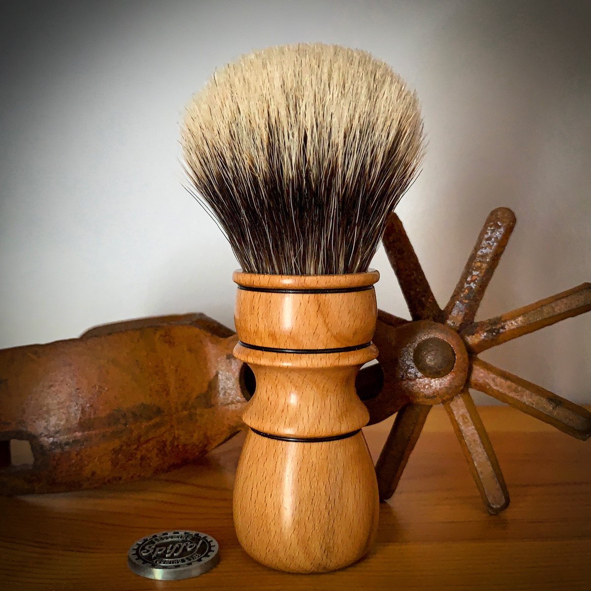 Honcho, a stylish, artisan made Beech wood handled shaving brush, features a 26mm Two-Band badger knot! #shavingbrush #shavebrush #spiffo #spiffoman #shaveoftheday #shaving #shavingbrushes #shavingproducts #wetshaving #shaver #madeinhalifax #halifax #halifaxns #novascotia