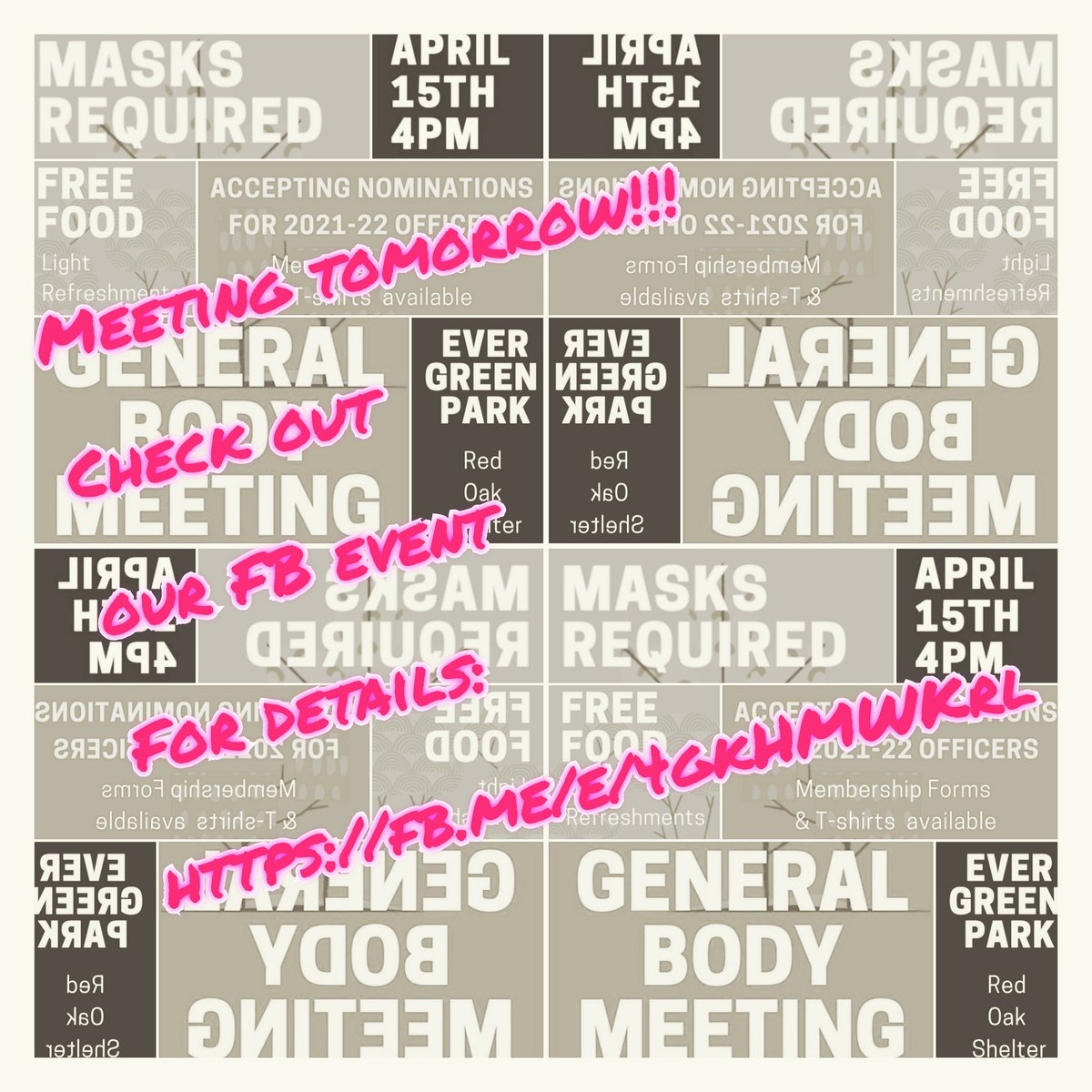Meeting Tomorrow @ the Park!
4pm

Free food, refreshments, &amp; sunshine!

For more details, visit our FB event at:
fb.me/e/4gkHMWKrl