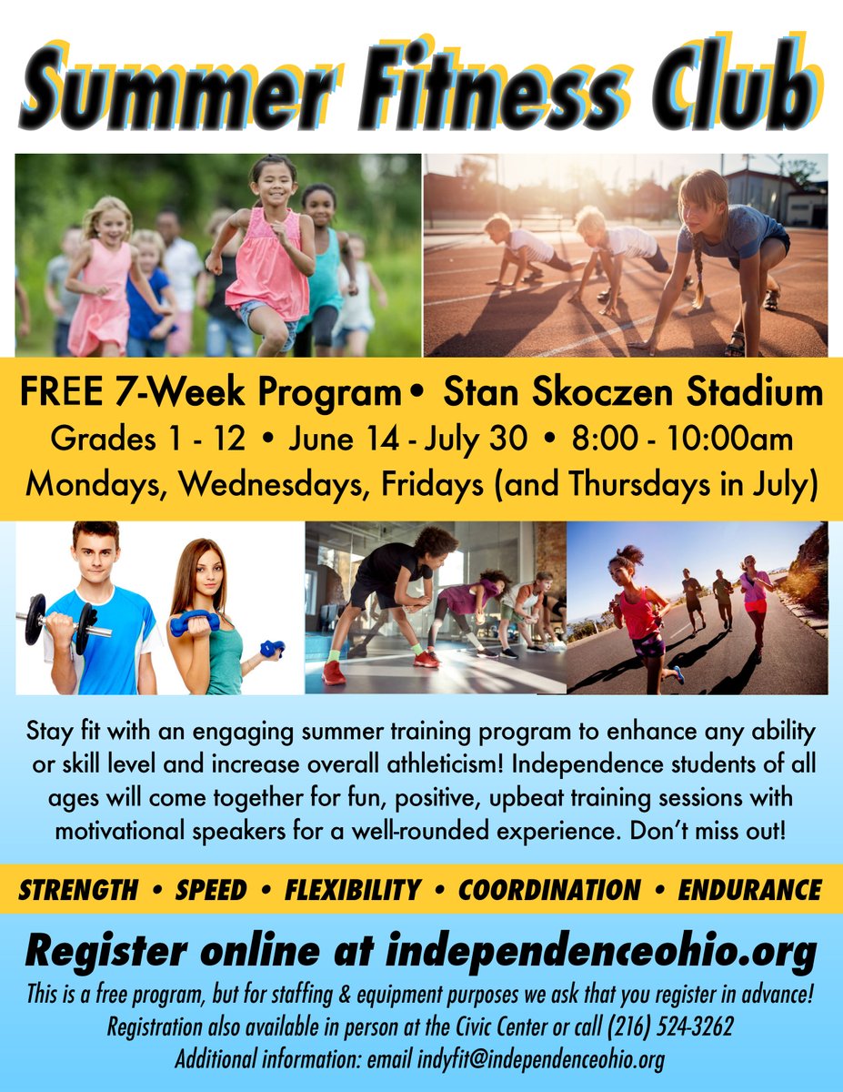 IndyRec's tweet image. NEW for 2021 - Summer Fitness Club!
June 14 - July 30, 2021
This is a FREE program for residents Grades 1 - 12. For staffing and equipment purposes, we ask that you register in advance! See details below and sign up today: independence.activityreg.com/selectactivity…