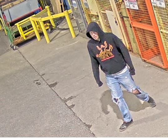 YRP's tweet image. ARSON SUSPECT SOUGHT- Three tractor trailers were set on fire by a male suspect just before midnight on Saturday, April 10 at 17855 Leslie Street in Newmarket. Please contact investigators if you can identify the suspect